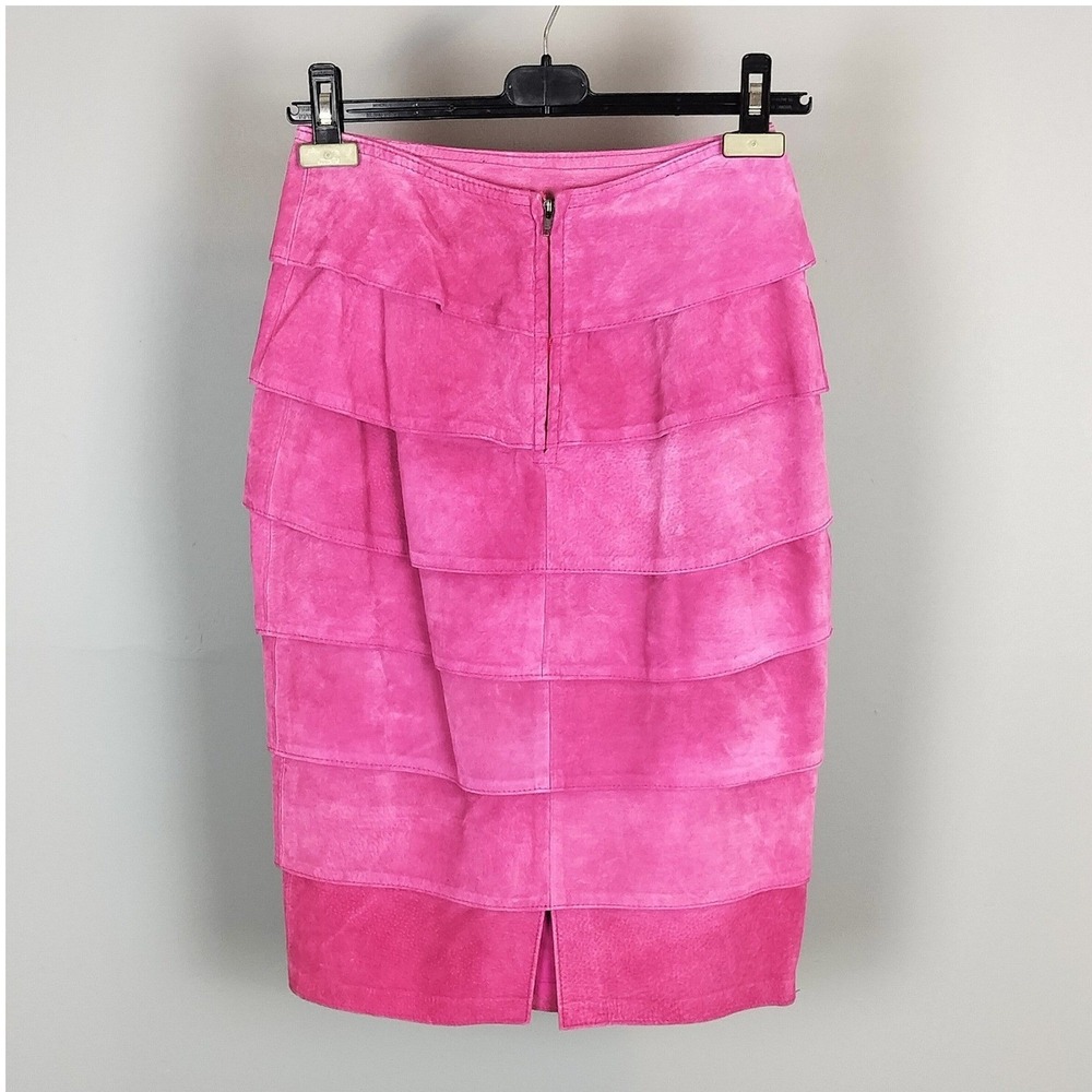 Danier Suede Pencil Skirt Women 6 Pink Genuine Leather Midi Ruffled Tiers - Picture 2 of 5